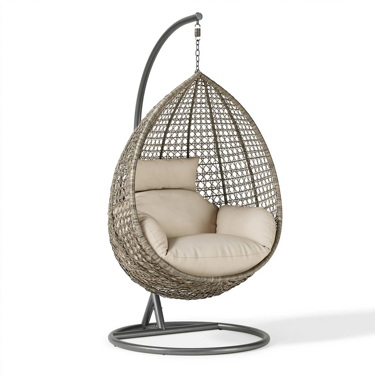 Hängesessel 105 x 105 x 195 cm Kunststoffgeflecht Beige Grau mit Stahlgestell für den Wohnbereich