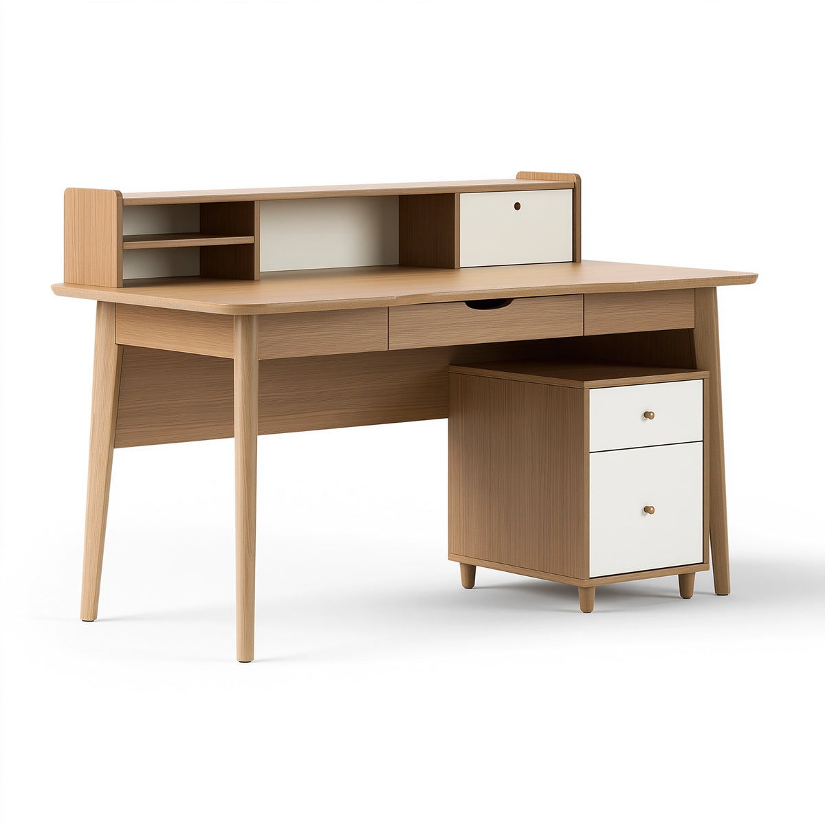 Schreibtisch-Set 120 x 60 cm Holzdekor Naturholz Weiß mit Aufsatz und Schubladen im skandinavischen Stil