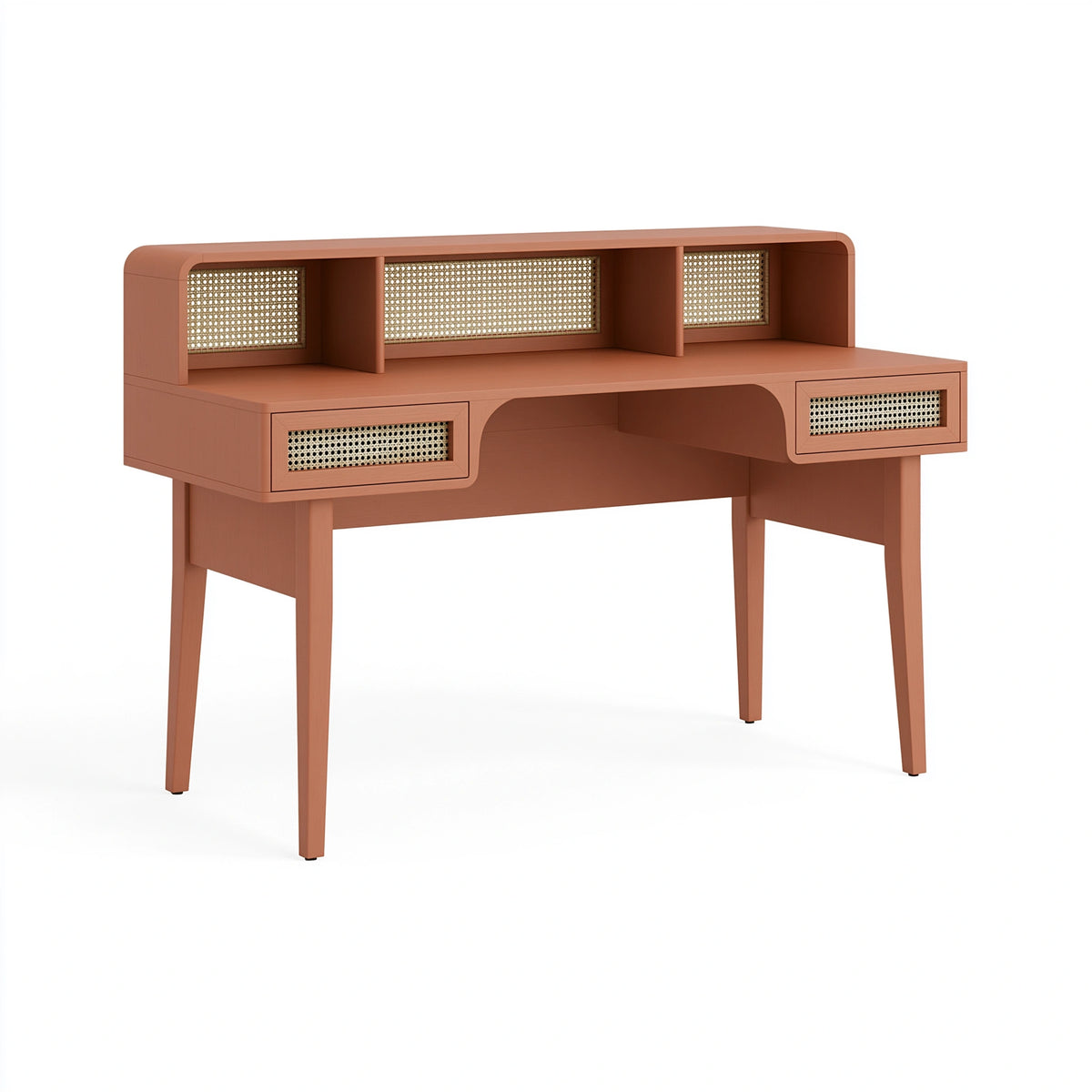 Schreibtisch 120 x 55 x 100 cm Holz Terrakotta mit Rattangeflecht Ablagen und Schubladen