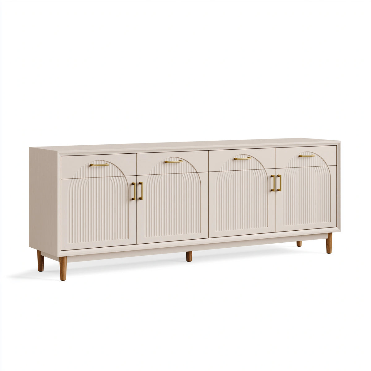 Sideboard 180 x 40 x 85 cm in Cremeweiß mit Holzfüßen und geriffelter Front