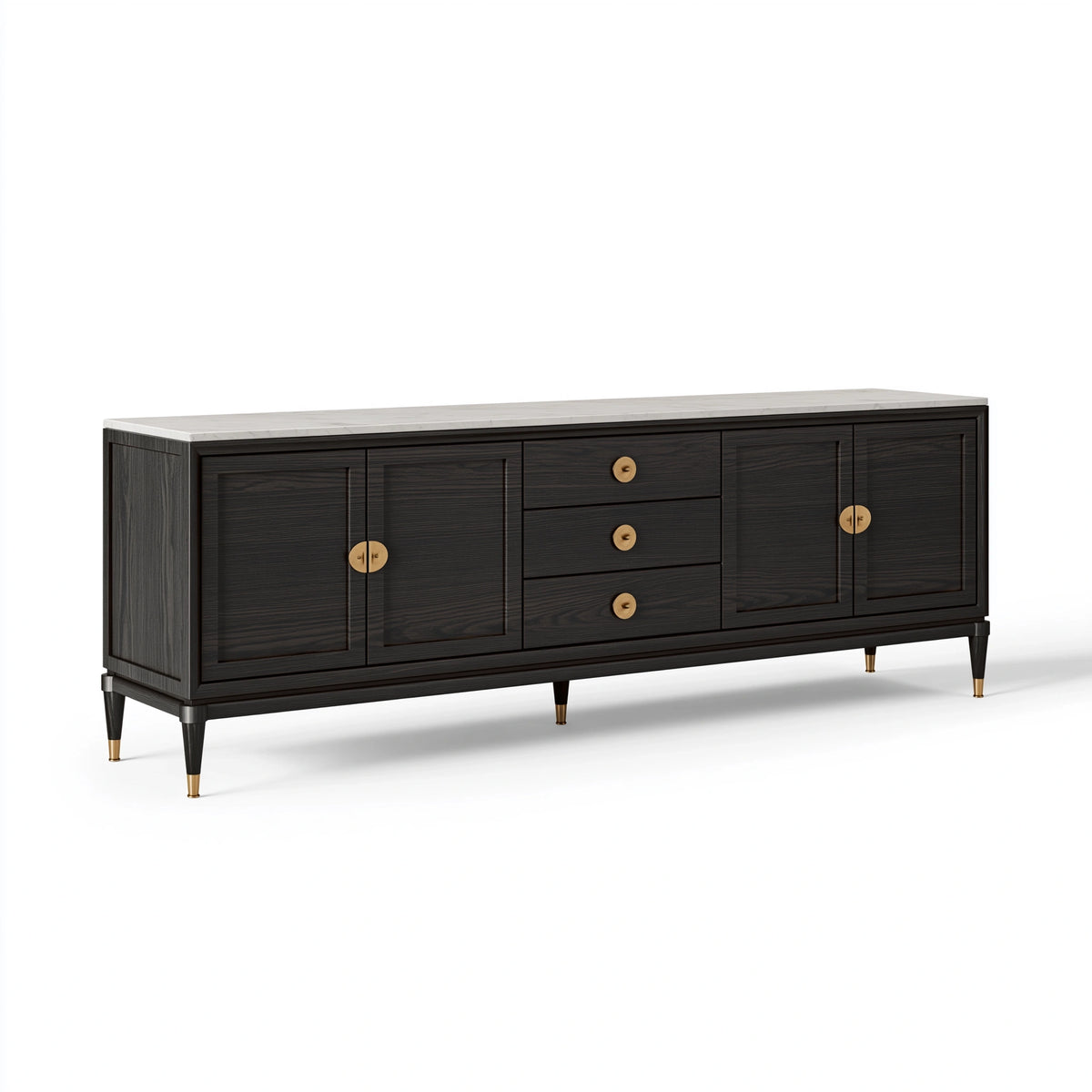 Sideboard 200 x 45 x 85 cm Holzwerkstoff Schwarz mit heller Steinoptik Ablagefläche und Schubladen