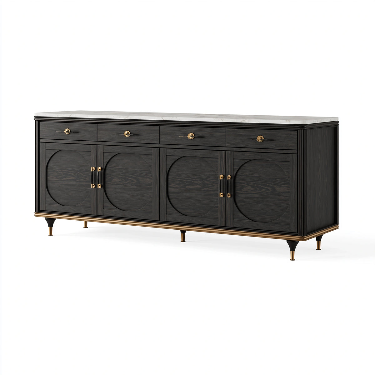 Sideboard 180 x 45 x 90 cm schwarzes Holz mit Marmoroptik Ablagefläche im Art Déco Stil